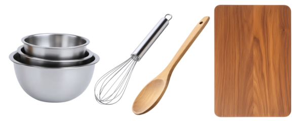 A set of essential kitchen tools, including stainless steel mixing bowls, a wire whisk, and a wooden cutting board. This collection represents the basics of food preparation and cooking.