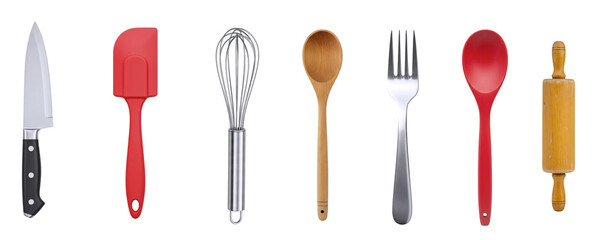 A collection of essential kitchen utensils, including knives, a red spatula, a fork, a spoon, and a rolling pin. This comprehensive set is perfect for a variety of cooking and baking tasks.