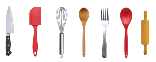 A collection of essential kitchen utensils, including knives, a red spatula, a fork, a spoon, and a rolling pin. This comprehensive set is perfect for a variety of cooking and baking tasks.