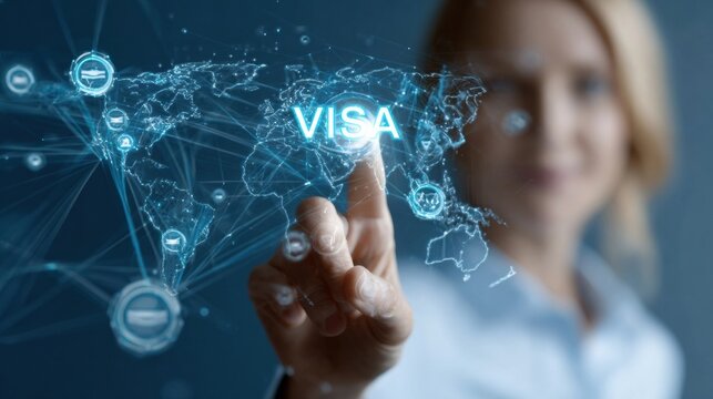 Global Visa Services Represented by a Woman Interacting With a Digital Map Highlighting International Travel Connections