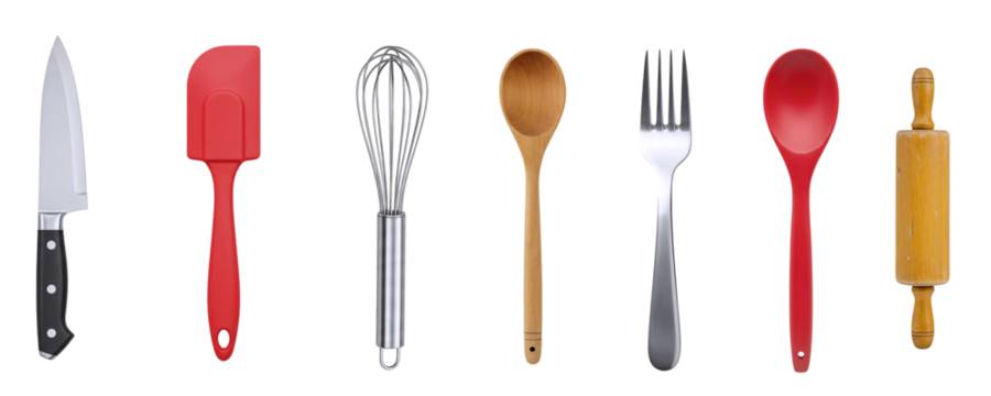 A collection of essential kitchen utensils, including knives, a red spatula, a fork, a spoon, and a rolling pin. This comprehensive set is perfect for a variety of cooking and baking tasks.