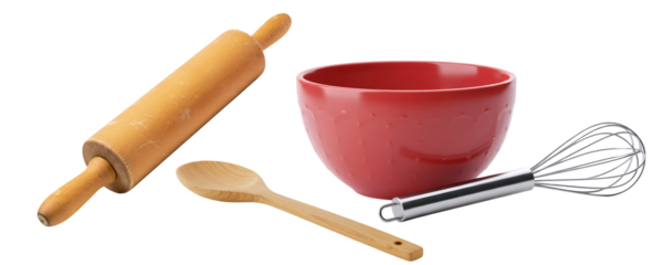 A classic baking set with a red ceramic bowl, a wooden rolling pin, a wooden spoon, and a wire whisk. This collection is perfect for demonstrating traditional home baking and recipe preparation.