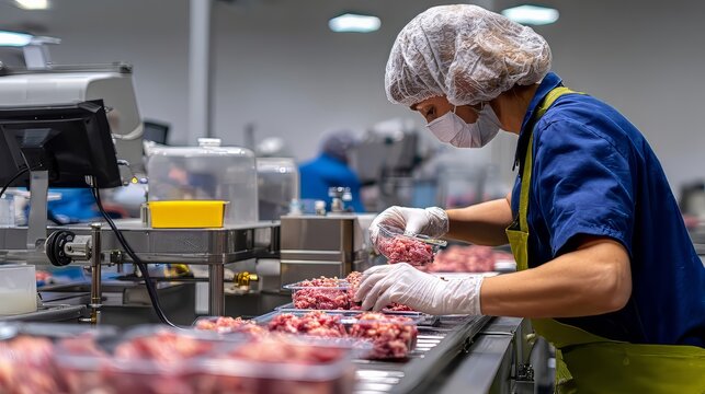Female meat processing worker in protective gear handling raw beef – food safety and meat industry hygiene concept, USDA inspection 