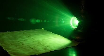 Green light illuminates old paper, creating dramatic effect