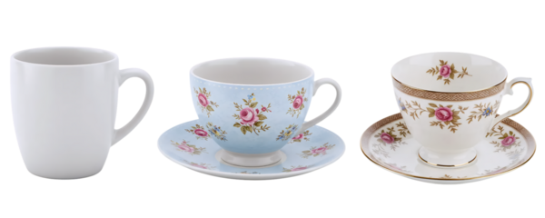 An elegant vintage-style tea set with three different teacups and saucers, featuring delicate floral patterns. This collection represents a classic and sophisticated afternoon tea time.