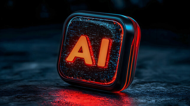 Minimal AI square glass button lit by orange illuminated letters