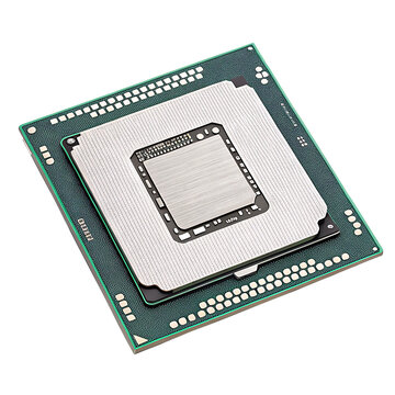 Silver processor chip with green circuit board isolated on a transparent background