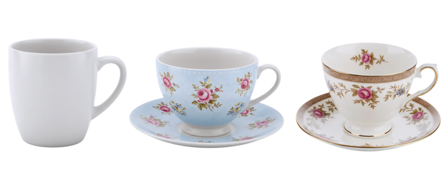 An elegant vintage-style tea set with three different teacups and saucers, featuring delicate floral patterns. This collection represents a classic and sophisticated afternoon tea time.