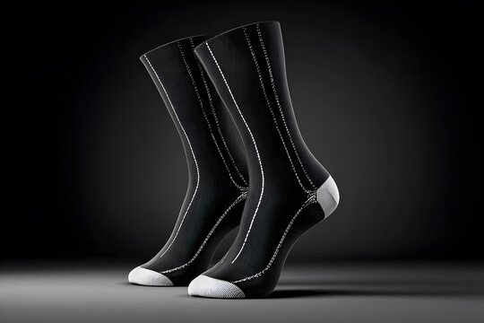 Vector compression socks, sleek black with silver lines, copy space. 