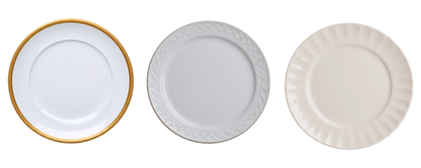 A set of three classic white dinner plates, one with a gold rim and two with subtle textures. This collection represents elegant and timeless tableware for formal dining or special occasions.