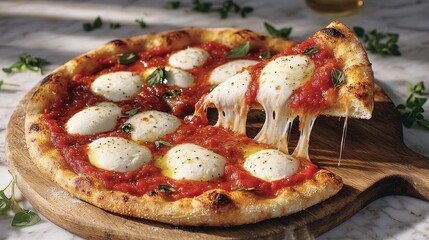 Artisanal pizza slice with melted mozzarella cheese and tomato sauce drip, lifted from wooden cutting board in premium restaurant setting