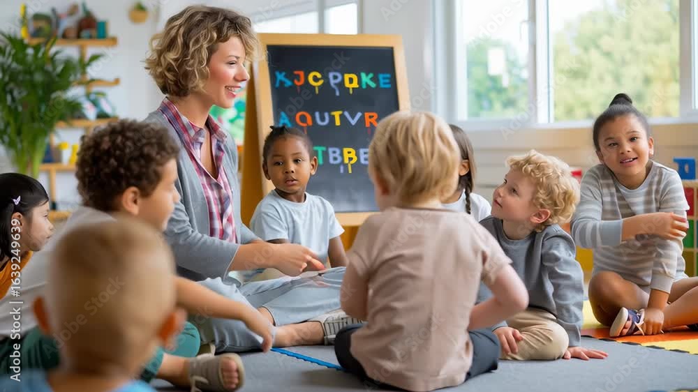 Aufkleber teacher smiling while explaining alphabet chart to attentive students. bright classroom setting with