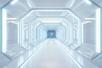 Fototapeta premium Futuristic white sci fi corridor with glowing LED lights