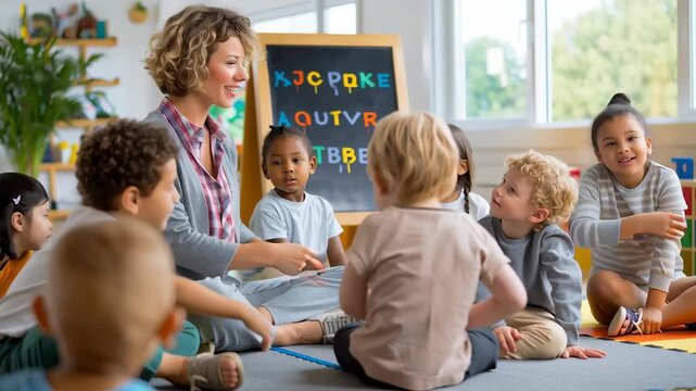 Teacher smiling while explaining alphabet chart to attentive students. Bright classroom setting with interactive learning atmosphere. Concept of education, child development, early literacy