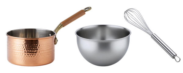 A set of high-quality cookware, including a copper saucepan, a stainless steel mixing bowl, and a wire whisk. This collection represents professional or gourmet tools for a serious home cook.