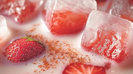 Fototapeta premium Artisanal strawberry horchata close-up showing detailed ice cubes with cinnamon spice and strawberry pieces in creamy drink