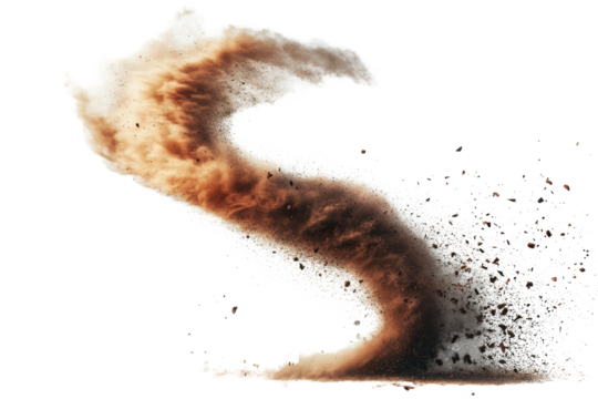 Dust devil creates a spiraling whirlwind of dirt and debris in a dry landscape under a clear blue sky during midday
