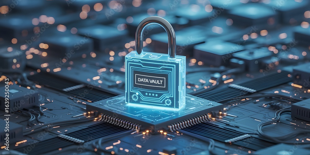 Poster digital data vault security concept with padlock on computer chip representing cybersecurity data pr