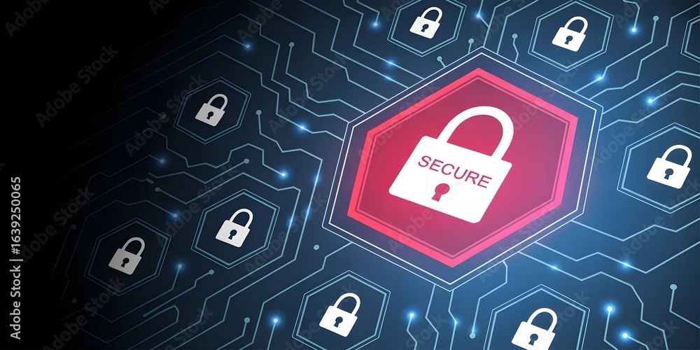 Poster digital security concept with padlocks and circuit board background illustrating cybersecurity data 