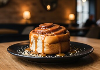 Delicious cinnamon roll with caramel sauce on a plate, a sweet pastry treat on table