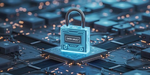 Digital Data Vault Security Concept with Padlock on Computer Chip Representing Cybersecurity Data Protection and Secure Information Storage in a Technological Environment