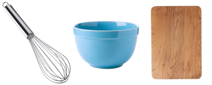 A set of essential baking and food preparation tools, including a wire whisk, a blue ceramic bowl, and a wooden cutting board. This collection represents the basics of a functional kitchen.