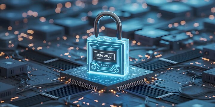 Digital Data Vault Security Concept with Padlock on Computer Chip Representing Cybersecurity Data Protection and Secure Information Storage in a Technological Environment