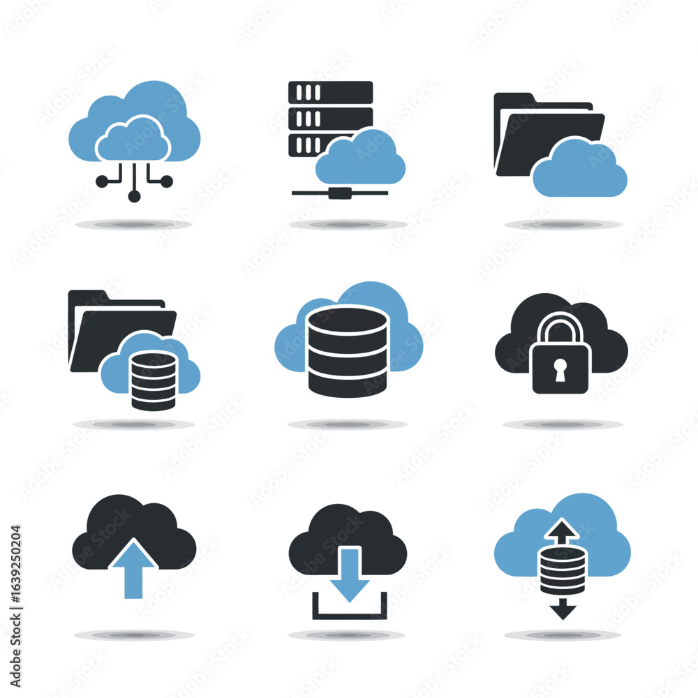 Poster collection of stylized cloud computing icons representing data storage and security.