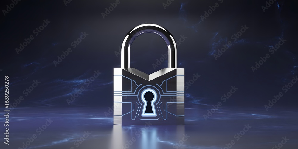 Poster futuristic padlock with glowing keyhole and circuitry design against a dark blue background symboliz