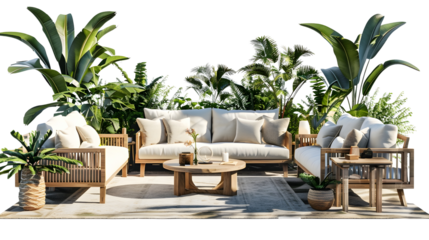 Stylish Outdoor Lounge Area with Modern Furniture and Lush Greenery