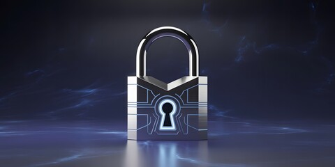 Futuristic Padlock with Glowing Keyhole and Circuitry Design Against a Dark Blue Background Symbolizing Cybersecurity Data Protection and Advanced Technology Solutions