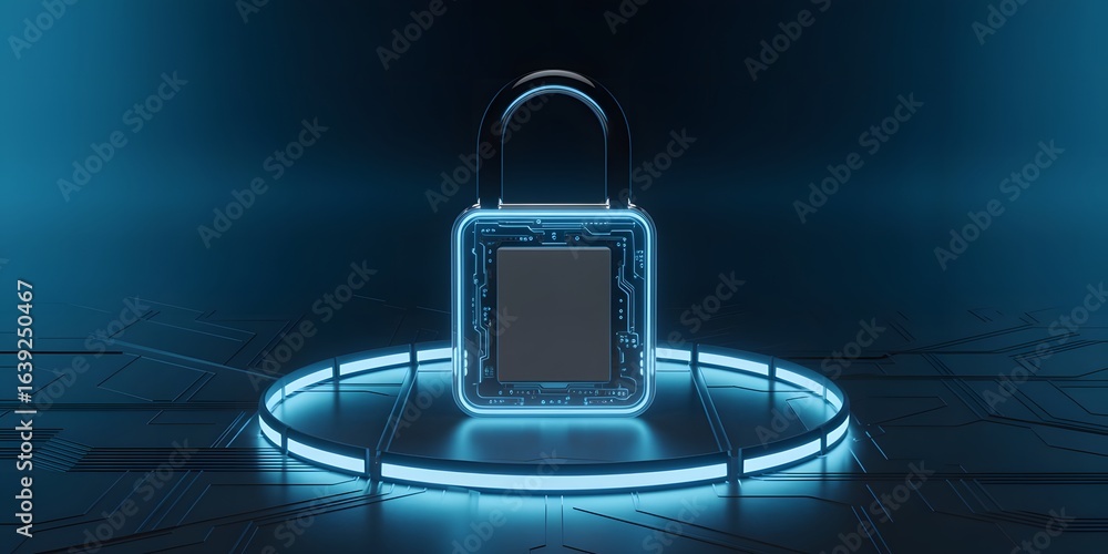 Poster futuristic padlock with electronic circuitry and neon ring representing cybersecurity data protectio