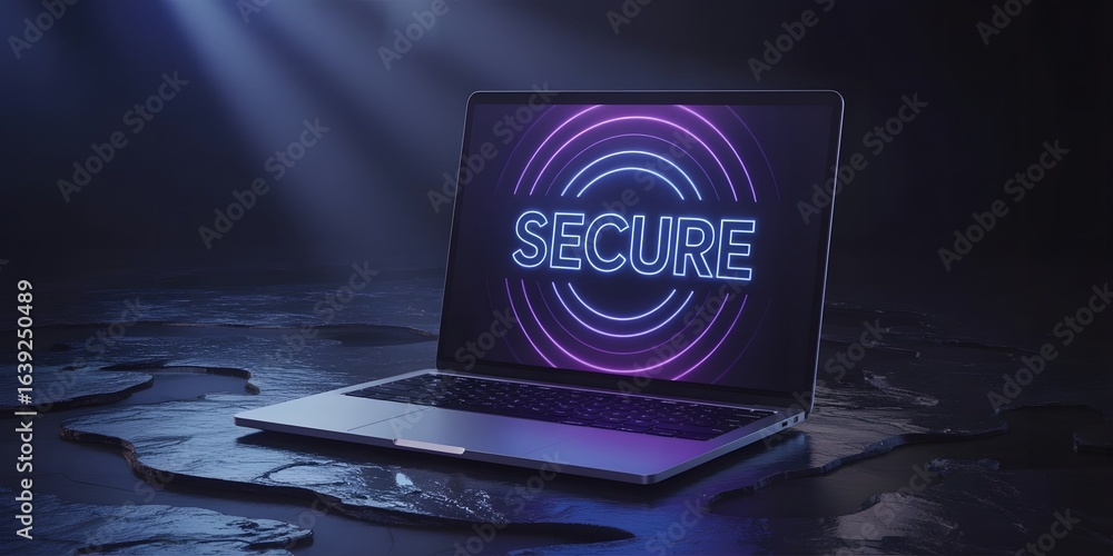 Poster laptop with secure neon sign on screen displaying cyber security and data protection concepts in a d