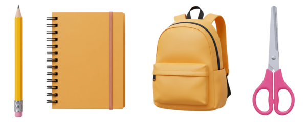 A realistic set of school supplies, with a pencil, a spiral notebook, a yellow backpack, and pink scissors. This collection represents the tools needed for study, creativity, and education.