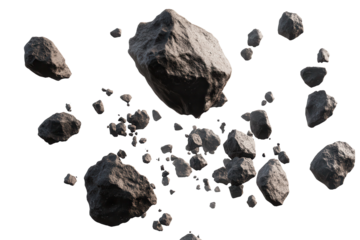 Boulders from asteroid swarm traveling through space at high speed during cosmic event showcasing diverse shapes and sizes