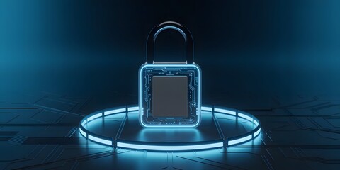 Futuristic Padlock with Electronic Circuitry and Neon Ring Representing Cybersecurity Data Protection and Digital Security in a Modern High Tech Environment with Dark Blue