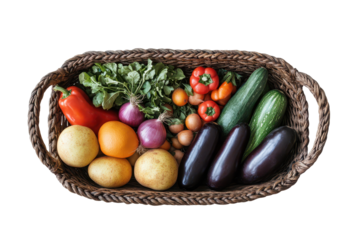Assorted organic vegetables and fruits gathered in a woven basket, showcasing fresh produce for a healthy lifestyle