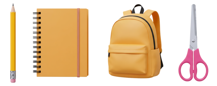 A realistic set of school supplies, with a pencil, a spiral notebook, a yellow backpack, and pink scissors. This collection represents the tools needed for study, creativity, and education.