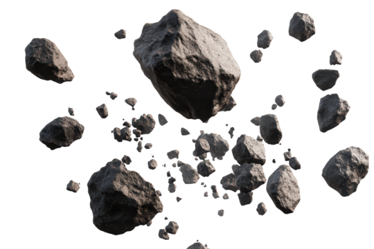 Boulders from asteroid swarm traveling through space at high speed during cosmic event showcasing diverse shapes and sizes