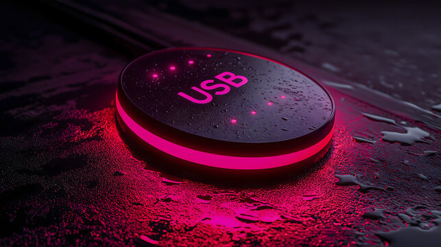 Illuminated round puck button marked USB connection against wet dark