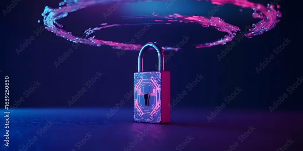 Poster futuristic padlock with glowing circuitry and data streams represents cybersecurity data protection 
