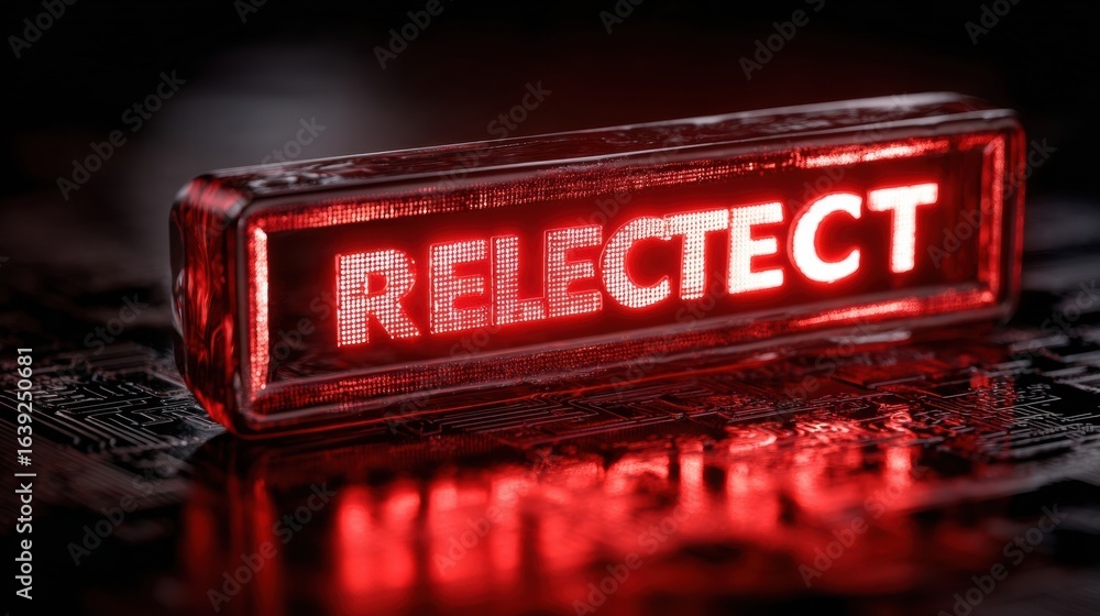 Poster bright red illuminated sign displaying the word relectect on a dark background with circuit patterns