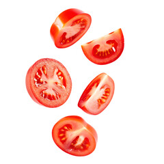 Sliced ripe tomatoes falling isolated on a transparent background pieces fresh
