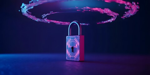 Futuristic Padlock with Glowing Circuitry and Data Streams Represents Cybersecurity Data Protection and Digital Security in a Modern Technological World