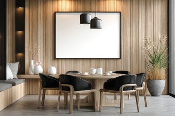 Modern, minimalist dining area with wooden accents