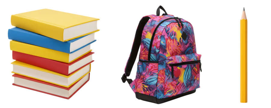 A back-to-school set with a stack of colorful books, a floral-patterned backpack, and a yellow pencil. This collection represents a fun and stylish approach to education and learning.