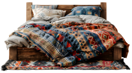 Cozy Bedroom with Colorful Textile Bedding and Wooden Bed Frame