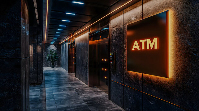 Futuristic cash machine symbol embedded in a glowing wall sign