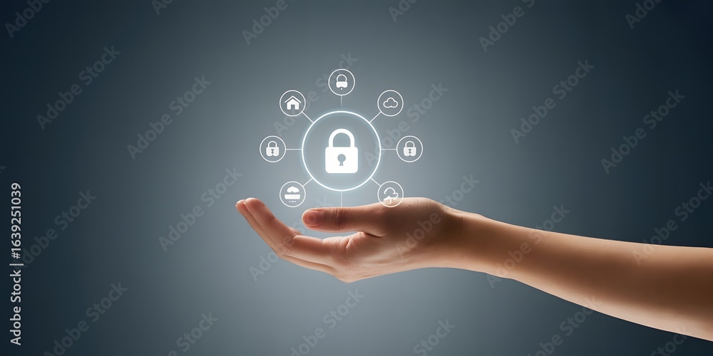 Poster hand holding a glowing lock icon surrounded by other icons representing security for different devic