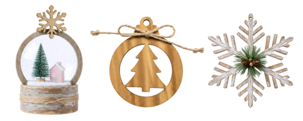 A collection of unique Christmas ornaments, featuring a miniature tree in a glass cloche, a wooden bauble, and a snowflake. This set is perfect for a charming and whimsical holiday decor.